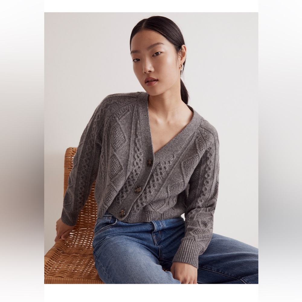 NWT Madewell Women’s Cable Knit Cropped Cardigan in Heather Graphite - Picture 5 of 12